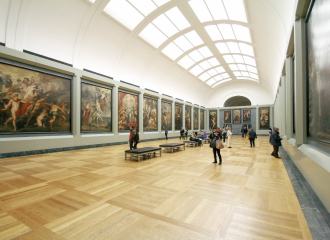 Art gallery with classic paintings hanging on the walls